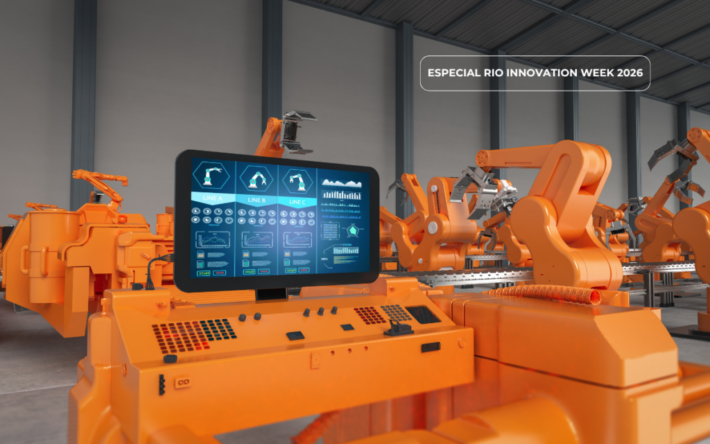 Painel tecnológico de controle de equipamentos dentro de uma fábrica